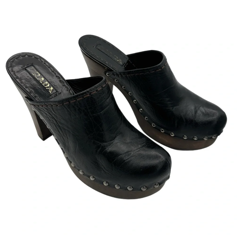 Prada Black Leather Mules with Distressed Wooden Heel – Size 39 EU - Picture 3 of 13
